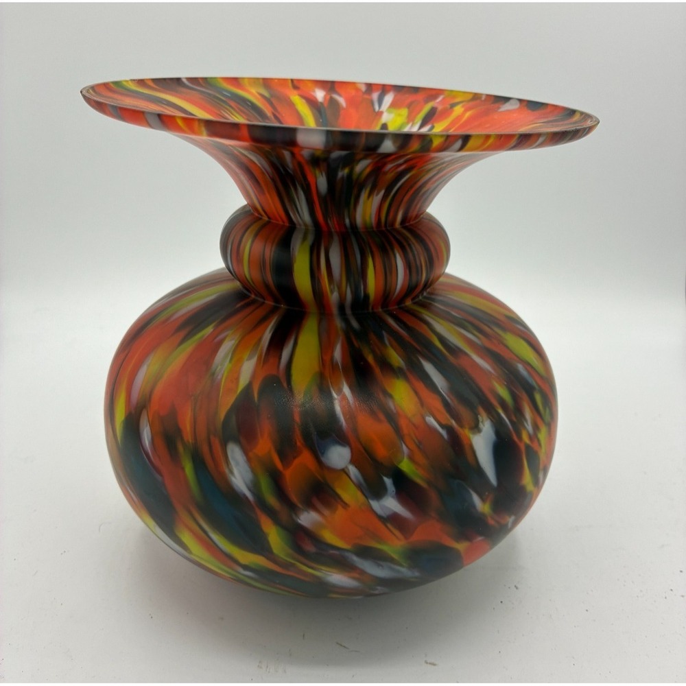 Vintage Czech Spatter Glass Vase Satin Orange Yellow End of Day Art Deco 7.5in
